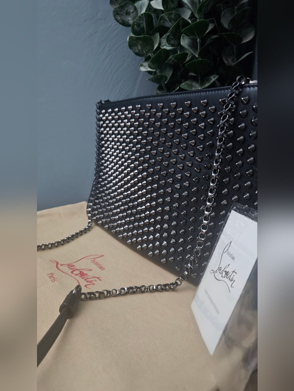 Christian Louboutin Black-Studded Leather Clutch With Red Trim Strap - Picture 9 of 10